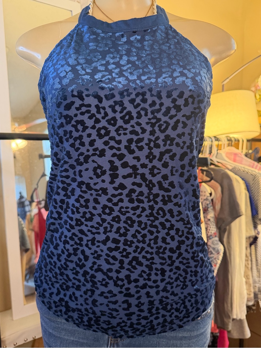 Almost Famous Blue Velvet Cheetah Halter Top Size M